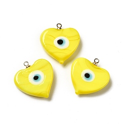 Yellow Handmade Lampwork Pendants, with Real 18K Gold Plated Plated Brass Finding, Cadmium Free & Lead Free, Heart with Evil Eye, Yellow, 19.5x18.2x5mm, Hole: 1.4mm
