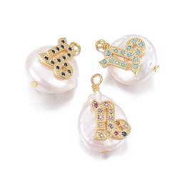 Capricorne Pendentifs de perles d'eau douce de culture naturelle, avec accessoires zircon cubique micro pave en laiton, pépites avec constellation, or, couleur mixte, Capricorne, 17~22x11~16x5~11mm, Trou: 1.6mm