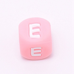 Letter E Силиконовые бусины с алфавитом для изготовления браслетов или ожерелий, стиль письма, розовый куб, letter.e, 12x12x12 мм, отверстие : 3 мм