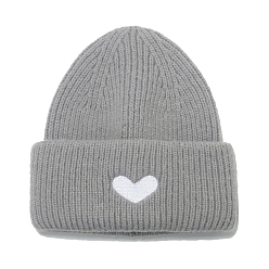 Gris Foncé Bonnet à revers en fil de fibre de polyacrylonitrile, bonnet d'hiver en tricot à motif de cœur pour femmes, gris foncé, 560~580mm