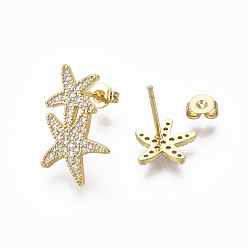 Real 18K Gold Plated Brass Micro Pave Clear Cubic Zirconia Stud Earrings, Asymmetrical Earrings, with Ear Nuts, Nickel Free, Sea Star/Starfish, Real 18K Gold Plated, 11x10.5mm & 20.5x12mm, Pin: 0.7mm