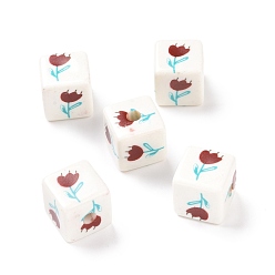 Dark Red Opaque Printed Acrylic Beads, Cube with Flower Pattern, Dark Red, 13.5x13.5x13.5mm, Hole: 3.8mm