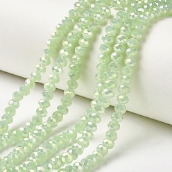 Pale Green Electroplate Glass Beads Strands, Imitation Jade Beads, Full Rainbow Plated, Faceted, Rondelle, Pale Green, 6x5mm, Hole: 1mm, about 85~88pcs/strand, 16.1~16.5 inch(41~42cm)