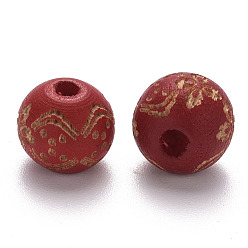 Brique Rouge Perles de bois naturel peintes, motif gravé au laser, ronde avec motif de fleurs, firebrick, 10x9mm, Trou: 3mm
