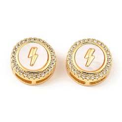 Lightning Bolt Brass Micro Pave Clear Cubic Zirconia Slide Charms, with Shell, Long-Lasting Plated, Lead Free & Cadmium Free, Real 18K Gold Plated, Flat Round, Lightning Bolt, 13x5.5mm, Hole: 5x2mm