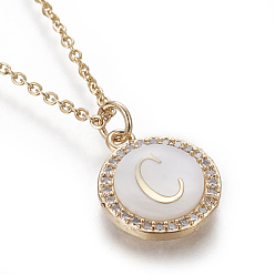 Letter C Brass Initial Pendant Necklaces, with Shell, Cubic Zirconia and 304 Stainless Steel Cable Chains, Flat Round with Letter, Letter.C, 17.5 inch(44.5cm), 1.5mm