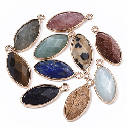 Mixed Stone Natural & Synthetic Gemstone Pendants, with Golden Plated Edge Brass Findings, Faceted, Horse Eye, 20x9x5mm, Hole: 1.2mm