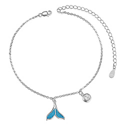 Platinum SHEGRACE Rhodium Plated 925 Sterling Silver Charm Anklets, with Epoxy Resin and Cubic Zirconia, Whale Tail Shape, Platinum, 8-1/4 inch(21cm)