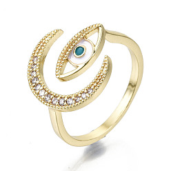 Настоящее золото 16K Латунные кольца из манжеты с прозрачным цирконием, открытые кольца, с эмалью, без кадмия, без никеля и без свинца, глаз с луной, реальный 16 k позолоченный, внутренний диаметр: 17 мм