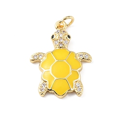Yellow Rack Plating Brass Micro Pave Cubic Zirconia Pendants, with Enamel & Jump Ring, Cadmium Free & Lead Free, Long-Lasting Plated, Real 18K Gold Plated, Sea Turtle Charm, Yellow, 22.5x17x3mm, Hole: 3.2mm