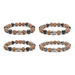 Pierre Mélangete Tête bouddhiste en alliage de pierres précieuses et bracelet extensible en perles de bois pour femme, diamètre intérieur: 2-1/2 pouce (6.3 cm)