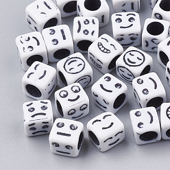 White Craft Acrylic Beads, Cube with Mixed Expression, White, 6x6x6mm, Hole: 3.5mm, about 3000pcs/500g