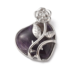 Amethyst Natural Amethyst Pendants, Heart Charms, with Rack Plating Platinum Tone Alloy Rose, Cadmium Free & Lead Free, 41~42x37~38x11~12mm, Hole: 5.3x5.2mm