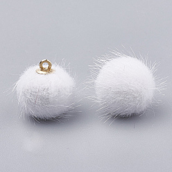 White Faux Mink Fur Covered Pendants, with Brass Findings, Round, Golden, White, 16.5~17x15~16mm, Hole: 1mm