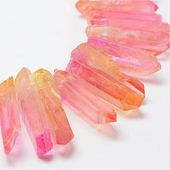 Orange Red Electroplate Natural Quartz Crystal Beads Strands, Dyed, Faceted, Nuggets, Orange Red, 23~47x8.5~9.5x8~10mm, Hole: 2mm, 15.7 inch(40cm)