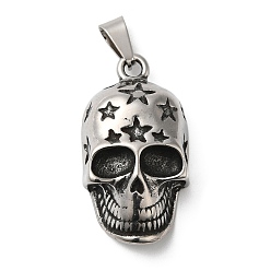 Skull Titanium Steel Pendants, Antique Silver, Skull with Star Charm 36x20x10mm, Hole: 9x4mm