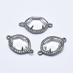 Clear Brass Micro Pave Cubic Zirconia Links, with Glass, Faceted, Oval, Gunmetal, Clear, 26x16x5mm, Hole: 1.6mm