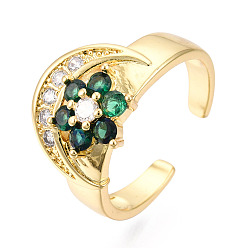 Green Cubic Zirconia Moon with Flower Open Cuff Ring, Real 18K Gold Plated Brass Jewelry for Women, Nickel Free, Green, US Size 8(18.1mm)