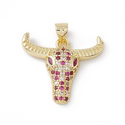 Deep Pink Brass Micro Pave Cubic Zirconia Pendants, OX Head Charm, Lead Free & Cadmium Free, Real 18K Gold Plated, Deep Pink, 20x23x4.5mm, Hole: 3.5x4mm