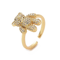 Clear Cubic Zirconia Bear Open Cuff Ring, Golden Brass Jewelry for Women, Clear, Inner Diameter: 18mm