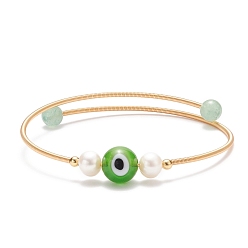 Aventurine Verte Aventurine verte naturelle & mauvais œil au chalumeau & bracelet perlé naturel, bracelet torque en laiton pour femme, or, diamètre intérieur: 2-1/8 pouce (5.5 cm)