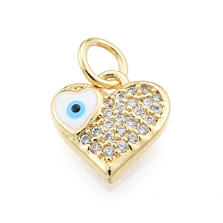 White Brass Micro Pave Clear Cubic Zirconia Charms, with Enamel and Jump Rings, Golden, Heart with Evil Eye, White, 10x10x2.5mm, Hole: 3mm