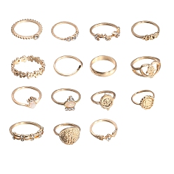 Golden 15Pcs 15 Style Flower & Hamsa Hand & Oval & Cross Alloy Finger Rings Set, Stackable Rings for Women, Golden, Inner Diameter: 16~18mm, 1Pc/style