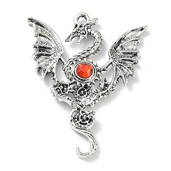 Antique Silver Alloy Pendants, with Glass, Dragon Charms, Antique Silver, 48.5x37.5x5mm, Hole: 2.5mm