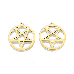 Real 18K Gold Plated Ion Plating(IP) 201 Stainless Steel Pendants, Hollow, Ring with Star, Real 18K Gold Plated, 27x25x1.5mm, Hole: 1.4mm