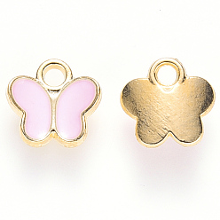 Pink Alloy Enamel Charms, Butterfly, Light Gold, Pink, 8x8x3mm, Hole: 1.6mm