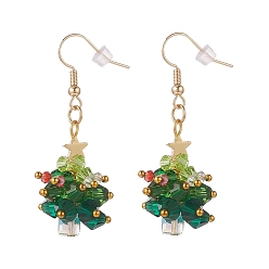 Green Glass Braided Beaded Christmas Tree Dangle Earrings, Golden Brass Wire Wrap Jewelry for Woman, Green, 49mm, Pin: 0.7mm