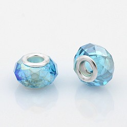 Deep Sky Blue AB Color Plated Glass European Beads, Large Hole Rondelle Beads, with Silver Color Plated Brass Cores, Faceted, Deep Sky Blue, 14x9mm, Hole: 5mm