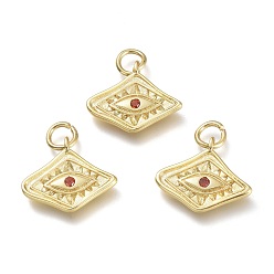 Red Brass Micro Pave Cubic Zirconia Pendants, with Jump Rings, Diamond with Evil Eye, Real 18K Gold Plated, Red, 13x15x2mm, Hole: 3.6mm