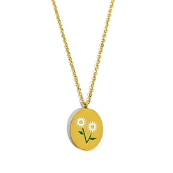 April Daisy Birth Month Flower Style Titanium Steel Oval Pendant Necklace, Golden, April Daisy, 15.75 inch(40cm)