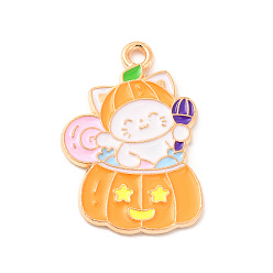 Cat Shape Halloween Theme Alloy Enamel Pendants, Light Gold, Cat Pattern, 25x16x1mm, Hole: 1.6mm