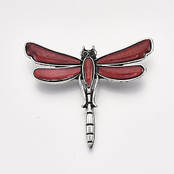 Red Freshwater Shell Brooches/Pendants, with Alloy Findings and Resin Bottom, Rhinestone, Dyed, Dragonfly, Antique Silver, Red, 53x62x10mm, Hole: 5x4mm, Pin: 0.7mm
