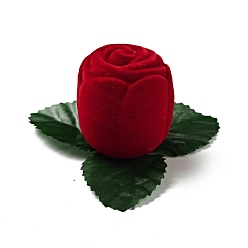 Red Flocking Plastic Rose Finger Ring Boxes, for Valentine's Day Gift Wrapping, with Sponge Inside, Red, 6.65x7.4x4.3cm, Flower: 3.8x4.3cm, Inner Diameter: 3.3cm