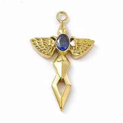 Capri Blue Vacuum Plating 201 Stainless Steel Pendants, with Rhinestone, Real 18K Gold Plated, Sword with Wing Charms, Capri Blue, 44.5x27x6mm, Hole: 3mm