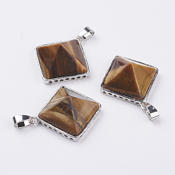 Tiger Eye Natural Tiger Eye Pendants, with Brass Finding, Pyramid, Platinum, 28.5x32x13mm, Hole: 3.5x6mm