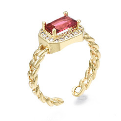 Red Brass Micro Pave Cubic Zirconia Cuff Rings, Open Rings, Rectangle Octagon, Curb Chain, Real 16K Gold Plated, Nickel Free, Red, US Size 6 3/4, Inner Diameter: 17mm
