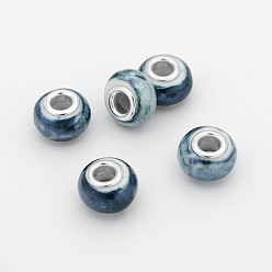 Prussian Blue Rondelle Handmade Porcelain Large Hole European Beads, with Platinum Plated Brass Double Cores, Prussian Blue, 15x10mm, Hole: 5mm