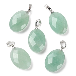 Green Aventurine Natural Green Aventurine Pendants, Faceted Oval Charms with Platinum Plated Brass Snap on Bails, 21.8x13.4~13.5x6.2mm, Hole: 5.3x3.7mm
