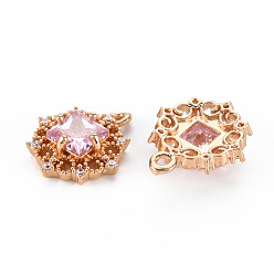 Pearl Pink Rack Plating Brass Micro Pave Clear Cubic Zirconia Pendants, with Faceted Glass, Long-Lasting Plated, Cadmium Free & Lead Free, Flat Round, Pearl Pink, 16.5x14x5mm, Hole: 1.2mm