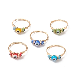 Mixed Color Lampwork Evil Eye Finger Ring, Golden Brass Wire Wrap Jewelry for Women, Mixed Color, Inner Diameter: 19mm