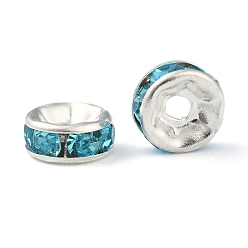 Aquamarine Brass Rhinestone Spacer Beads, Grade A, Straight Flange, Silver Color Plated, Rondelle, Aquamarine, 8x3.8mm Hole: 1.5mm