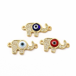 Mixed Color Rack Plating Real 18K Gold Plated Brass Micro Pave Clear Cubic Zirconia Connector Charms, Elephant with Evil Eye Links, with Handmade Lampwork, Cadmium Free & Lead Free, Long-Lasting, Mixed Color, 12x24x4mm, Hole: 1.4mm