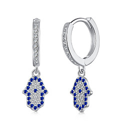 Real Platinum Plated Rhodium Plated 925 Sterling Silver Micro Pave Cubic Zirconia Hoop Earrings for Women, Hamsa Hand Dangle Earrings, with S925 Stamp, Real Platinum Plated, 24x7mm