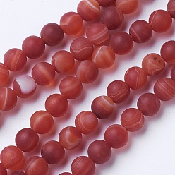 Brown Natural Grade A Striped Agate/Banded Agate Beads Strands, Dyed & Heated, Frosted, Round, Brown, 8~8.5mm, Hole: 1.2mm, about 39pcs/strand, 14.56 inch(37cm)