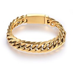 Golden 304 Stainless Steel Curb Chains Bracelets, with Box Clasps, Faceted, Golden, 9-1/2 inch(24cm), 16x5.5mm