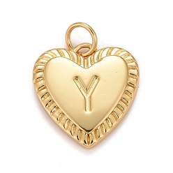 Letter Y Rack Plating Real 18K Gold Plated Brass Pendants, with Jump Rings, Long-Lasting Plated, Lead Free & Cadmium Free & Nickel Free, Heart with Letter A~Z, Letter.Y, 16x15x2.5mm, Jump Ring: 5x0.5mm, 3mm Inner Diameter